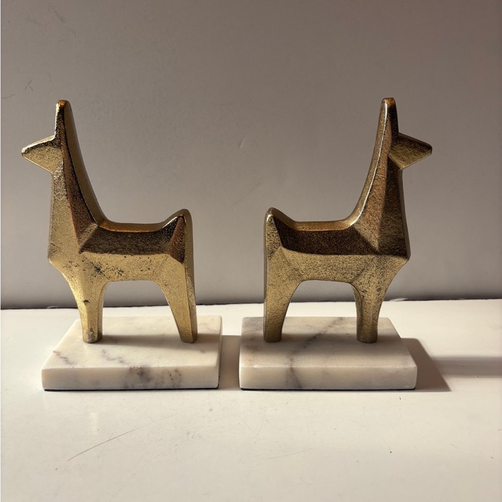 Pair of Llama Gold Toned Metal Marble Stone Base Bookends